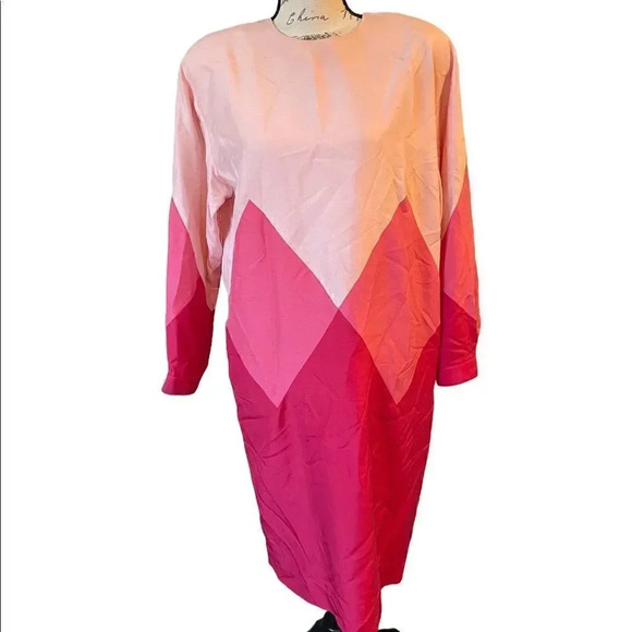 ANNE Crimmins Vintage Pink Silk Geometric Print Long Sleeve Dress Size 8 - Picture 1 of 6